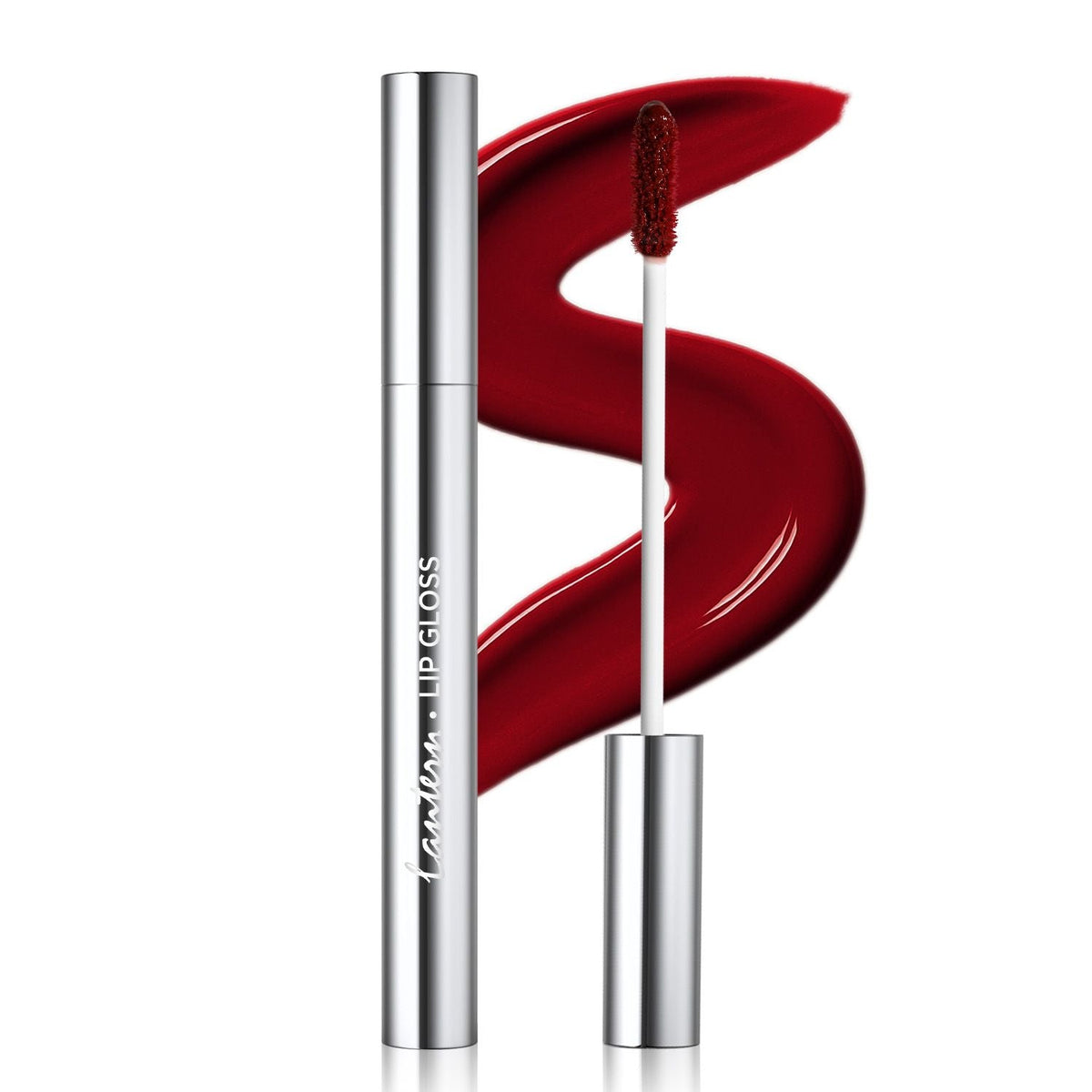 Ultra-Hydrating Lip Gloss in sleek silver tube with deep red glossy liquid and applicator wand showing rich, high-shine finish