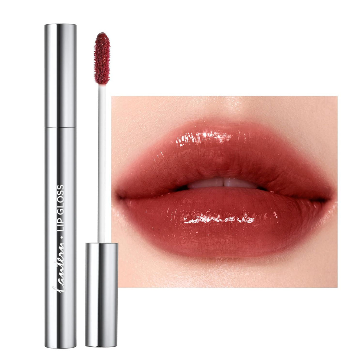 Ultra-Hydrating Lip Gloss in a sleek silver tube with an applicator wand and glossy, plump lips showcasing a rich rose shade
