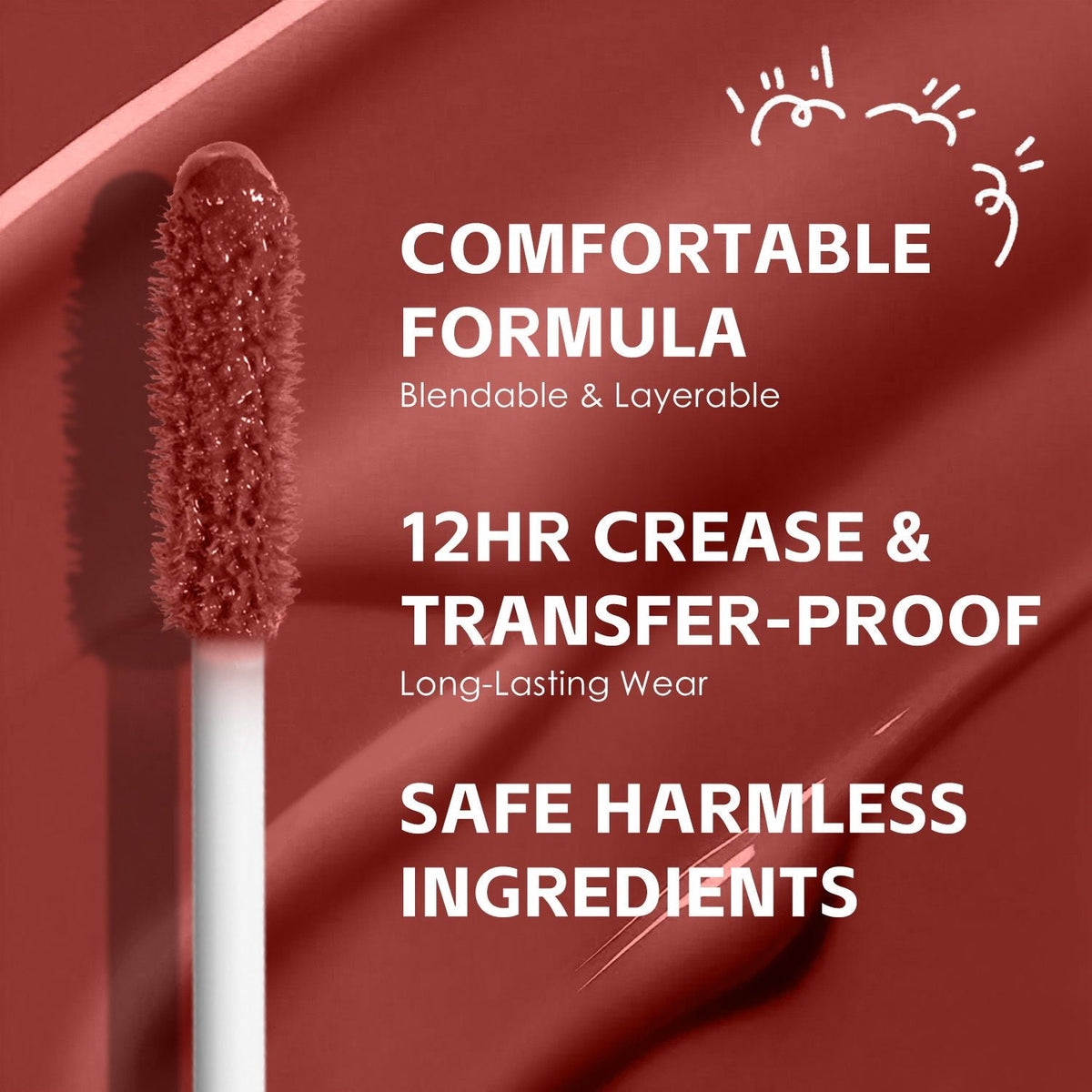 Ultra-Hydrating Lip Gloss wand applicator coated in creamy terracotta shade with smooth, non-sticky finish text overlay