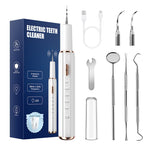 Ultrasonic dental cleaners set featuring white and rose gold electric tartar remover with multiple metal dental tools, USB cable, and blue packaging.