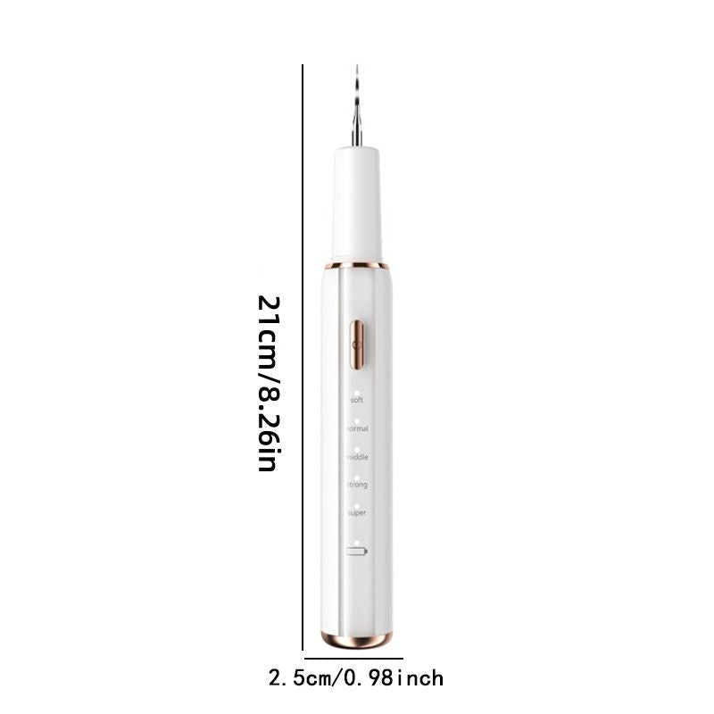 white ultrasonic dental cleaner with rose gold accents and slim design, showing measurement of 21 cm length and 2.5 cm width