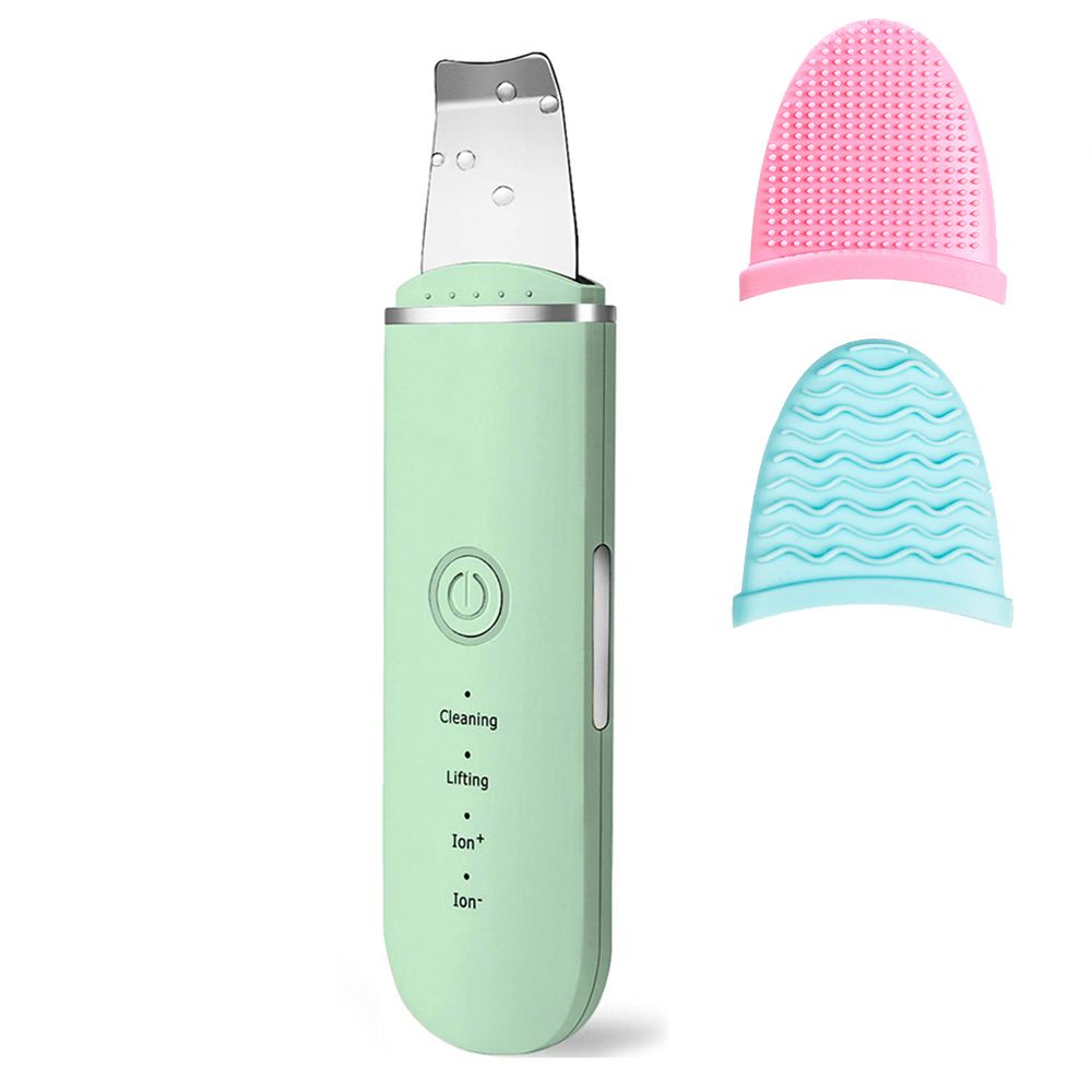 Ultrasonic Facial Scrubber with mint green body and metal spatula tip, shown with pink and blue silicone brush attachments for skincare cleansing.