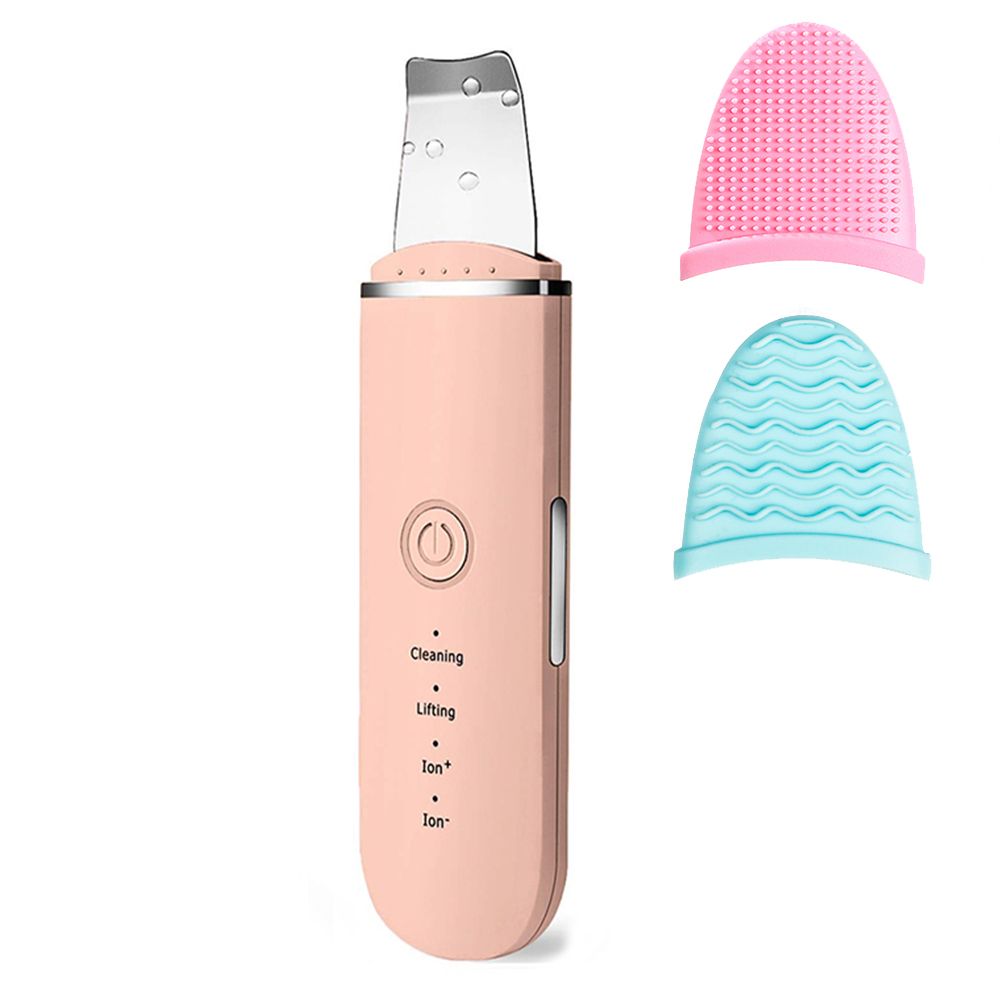 Ultrasonic Facial Scrubber in soft pink with metal spatula tip and two silicone cleaning pads in pink and blue