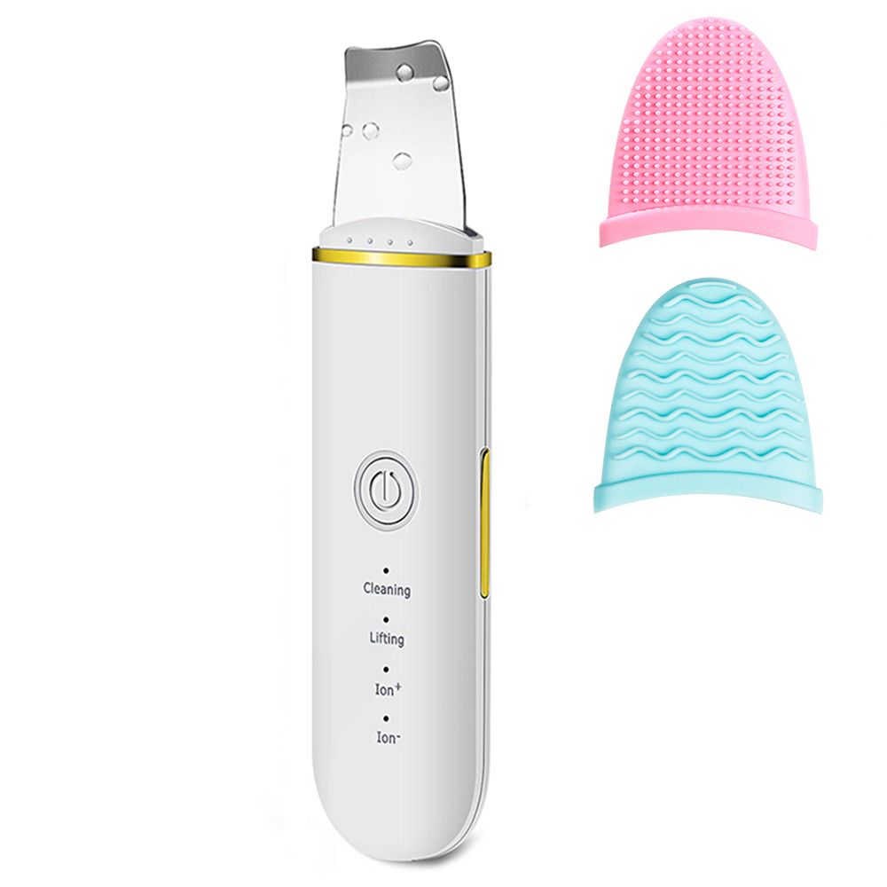 Ultrasonic Facial Scrubber with white body, metal spatula tip, and two silicone brush attachments in pink and blue for facial cleansing