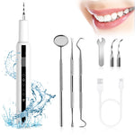 Ultrasonic Teeth Cleaner in white with black display panel, includes stainless steel dental tools, USB cable, and dual cleaning tips.