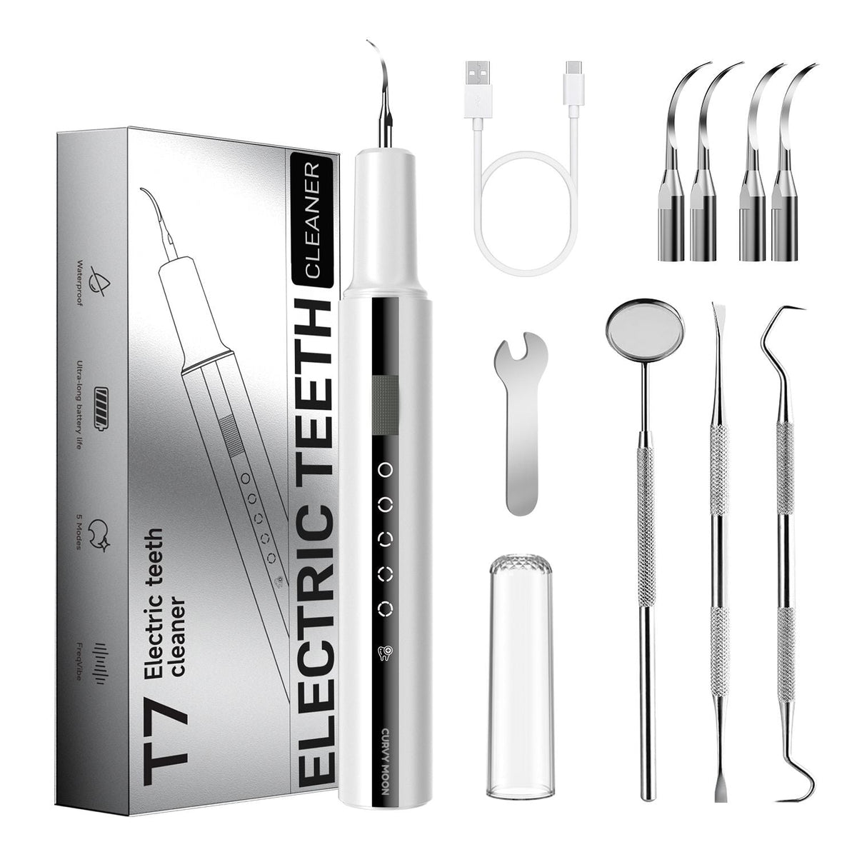 Ultrasonic Teeth Cleaner in sleek white with digital controls, including four metal cleaning tips, stainless steel dental tools, USB charging cable, and a silver cleaning box