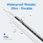 Ultrasonic Teeth Cleaner in sleek silver metallic design with black touchscreen panel and curved tip with waterproof IPX6 rating