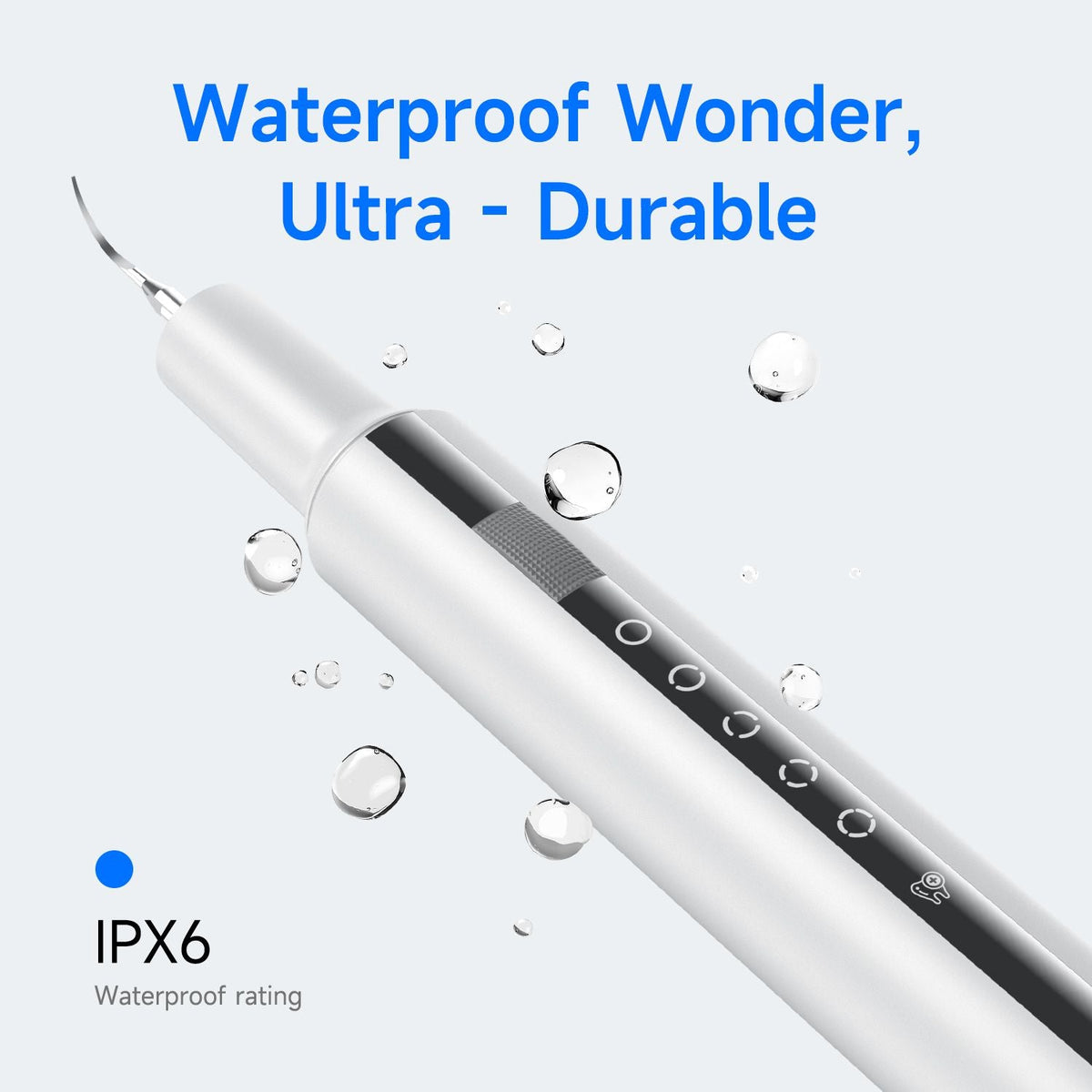 Ultrasonic Teeth Cleaner in sleek silver metallic design with black touchscreen panel and curved tip with waterproof IPX6 rating