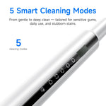 Ultrasonic Teeth Cleaner with sleek white body featuring five smart cleaning modes displayed on a touch panel