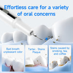 Ultrasonic Teeth Cleaner with white and silver body and slim metallic cleaning tip removing tartar, plaque, and stains effectively