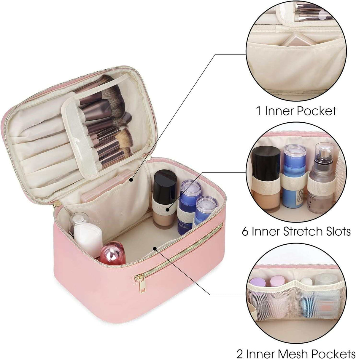 Pink vegan leather travel makeup bag organizer for brushes and cosmetics