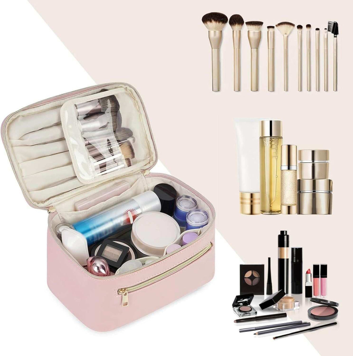 pink vegan leather travel makeup bag organizer for brushes and cosmetics