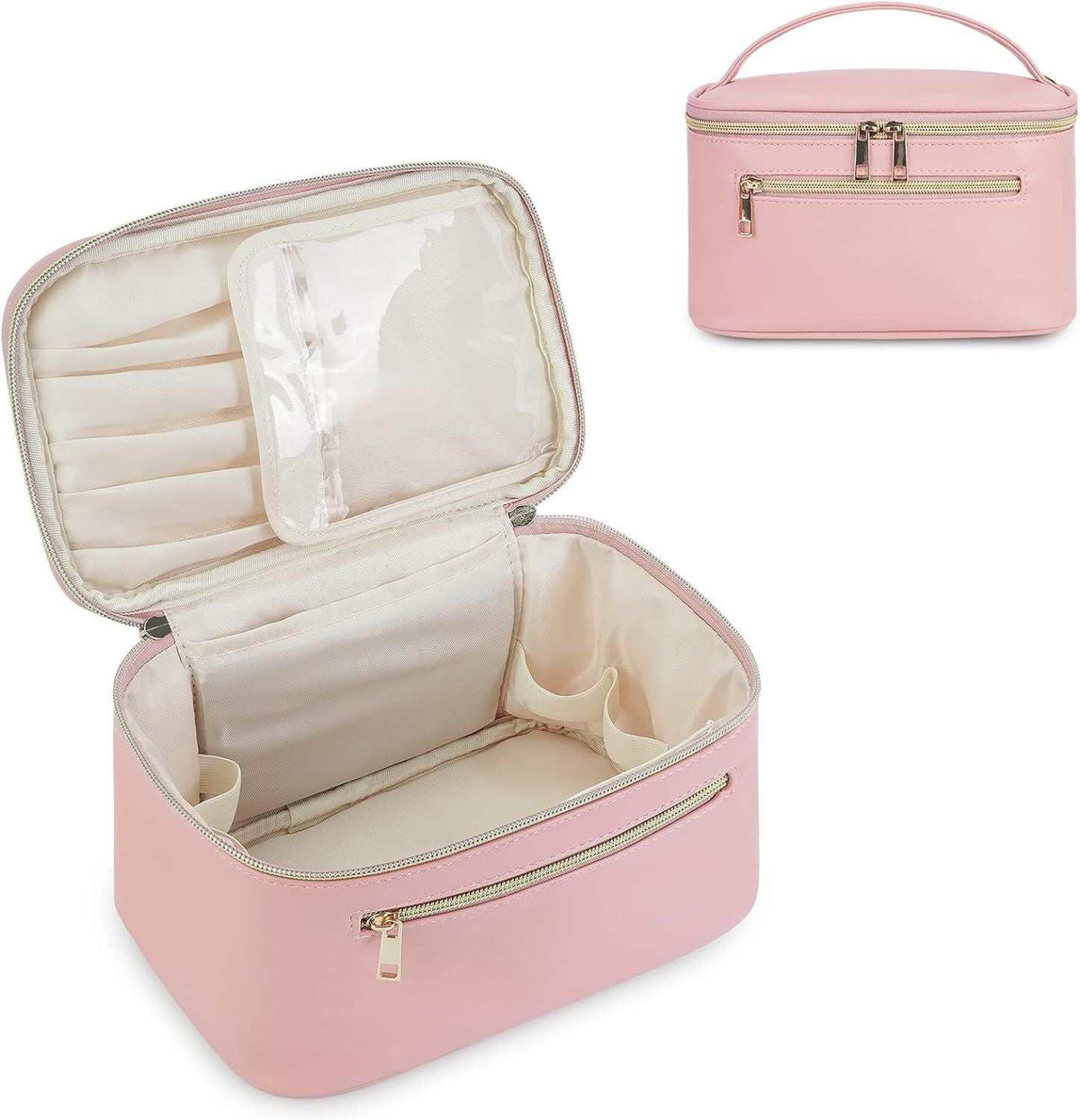Vegan Leather pink travel makeup bag with gold zippers, built-in brush storage, and a soft fabric interior organizer compartments.
