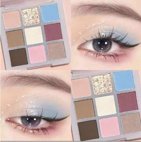Vibrant 9-color shimmer eyeshadow palette with matte and pearlescent earth tones