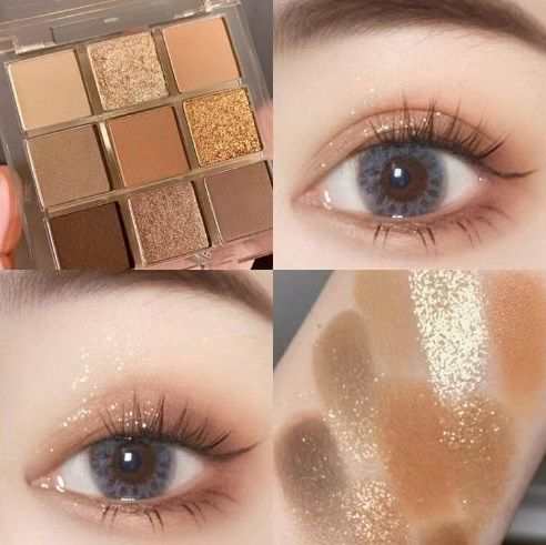Vibrant 9-Color Shimmer Eyeshadow Palette featuring matte and shimmer earth tones in warm browns, beige, and golden shades with smooth texture.