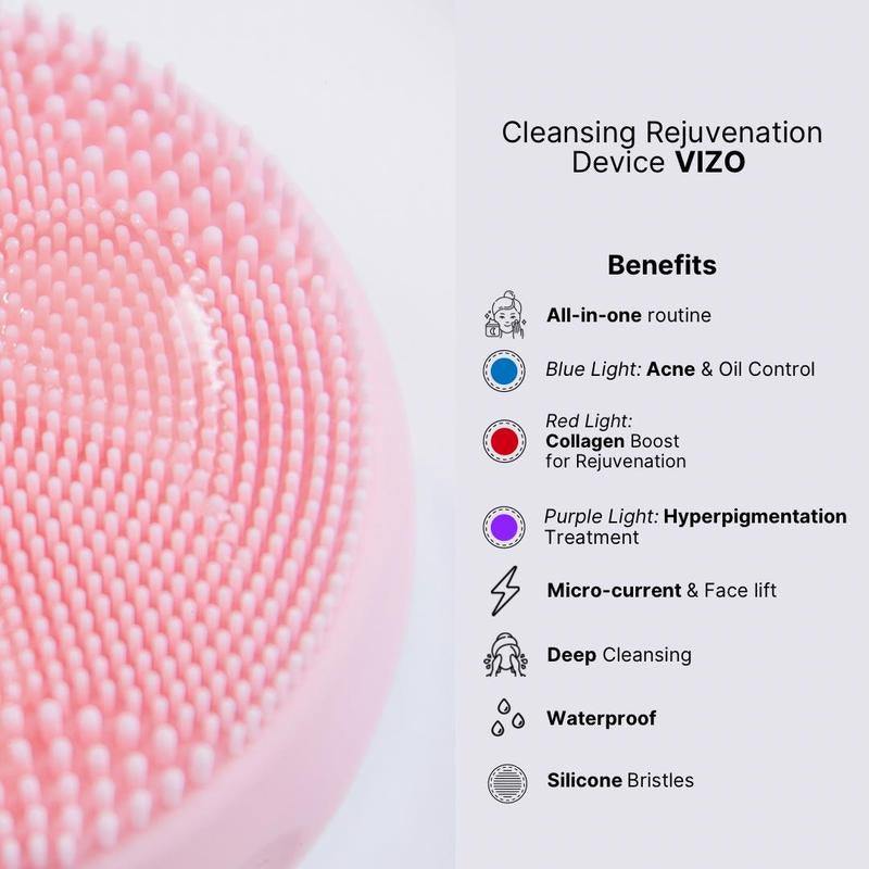 VIZO 4-in-1 skin rejuvenation device with red light, blue light, EMS, and silicone cleansing