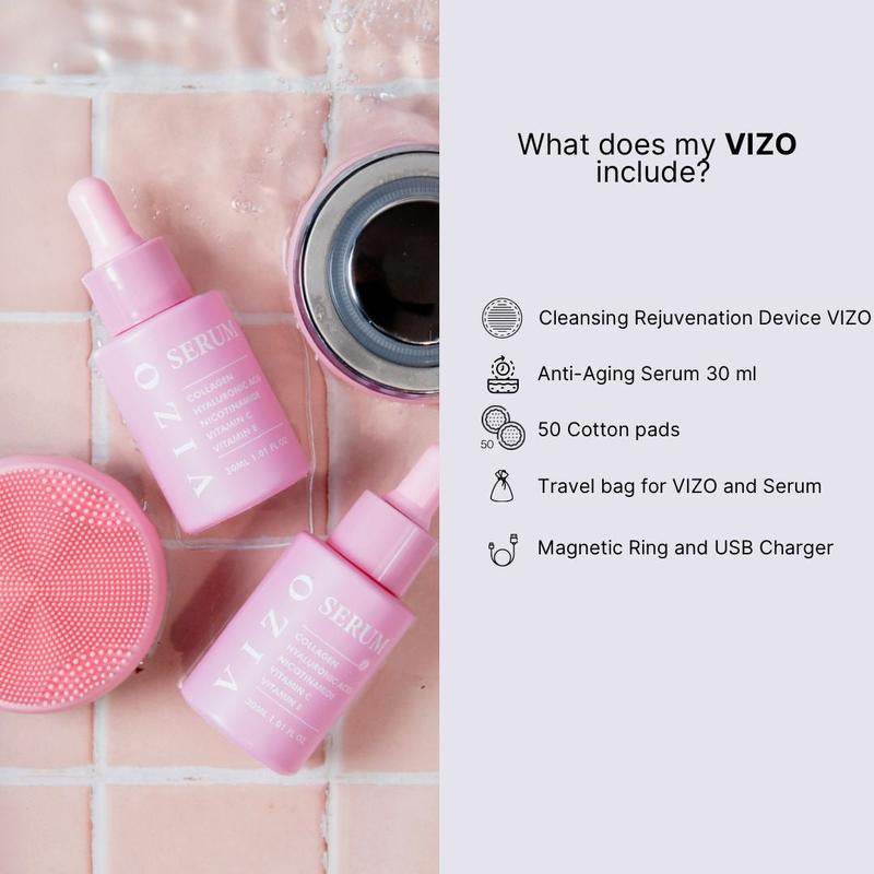 VIZO 4-in-1 skin rejuvenation device with red light, blue light, EMS, and cleansing features