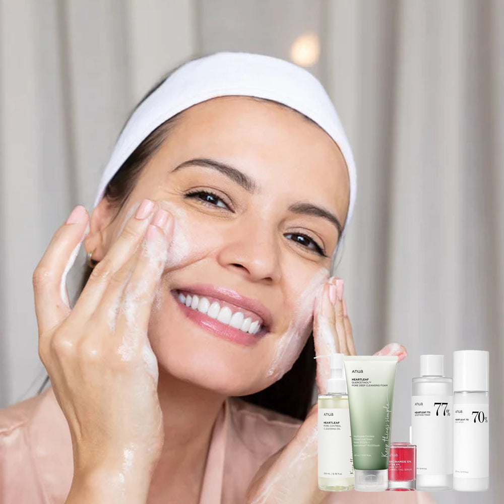 4-Piece Ultimate Evening Skincare Set with Rice Water, Niacinamide & Heartleaf Extract, featuring luxurious products for rejuvenation and hydration for all skin types.