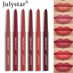 Waterproof Lipstick Lips in six matte shades of brown, pink, coral, and red lip liner pencils with matching lip makeup swatches