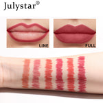 Waterproof lipstick lips shown with matte pink lip liner pencil applied as precise lip contour and fully filled lips, with swatches of various pink shades on arm