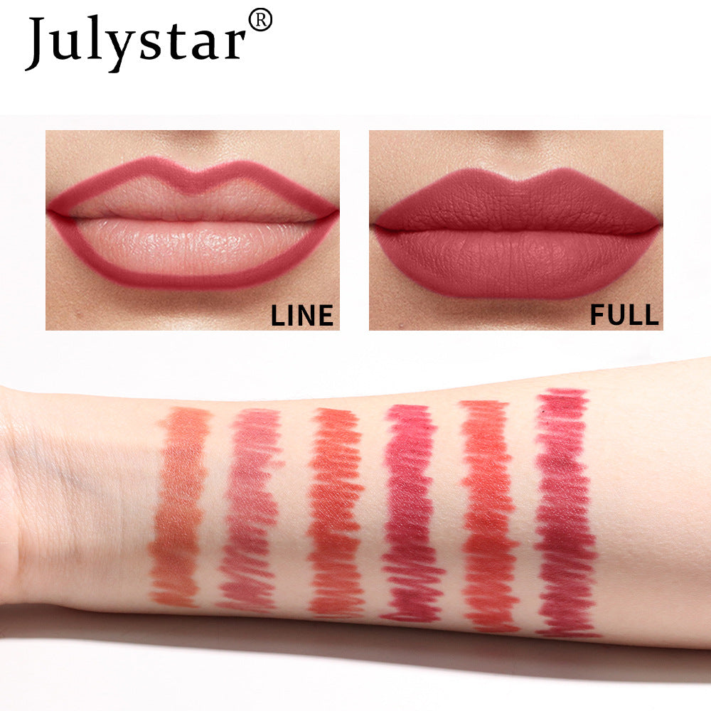 Waterproof lipstick lips shown with matte pink lip liner pencil applied as precise lip contour and fully filled lips, with swatches of various pink shades on arm