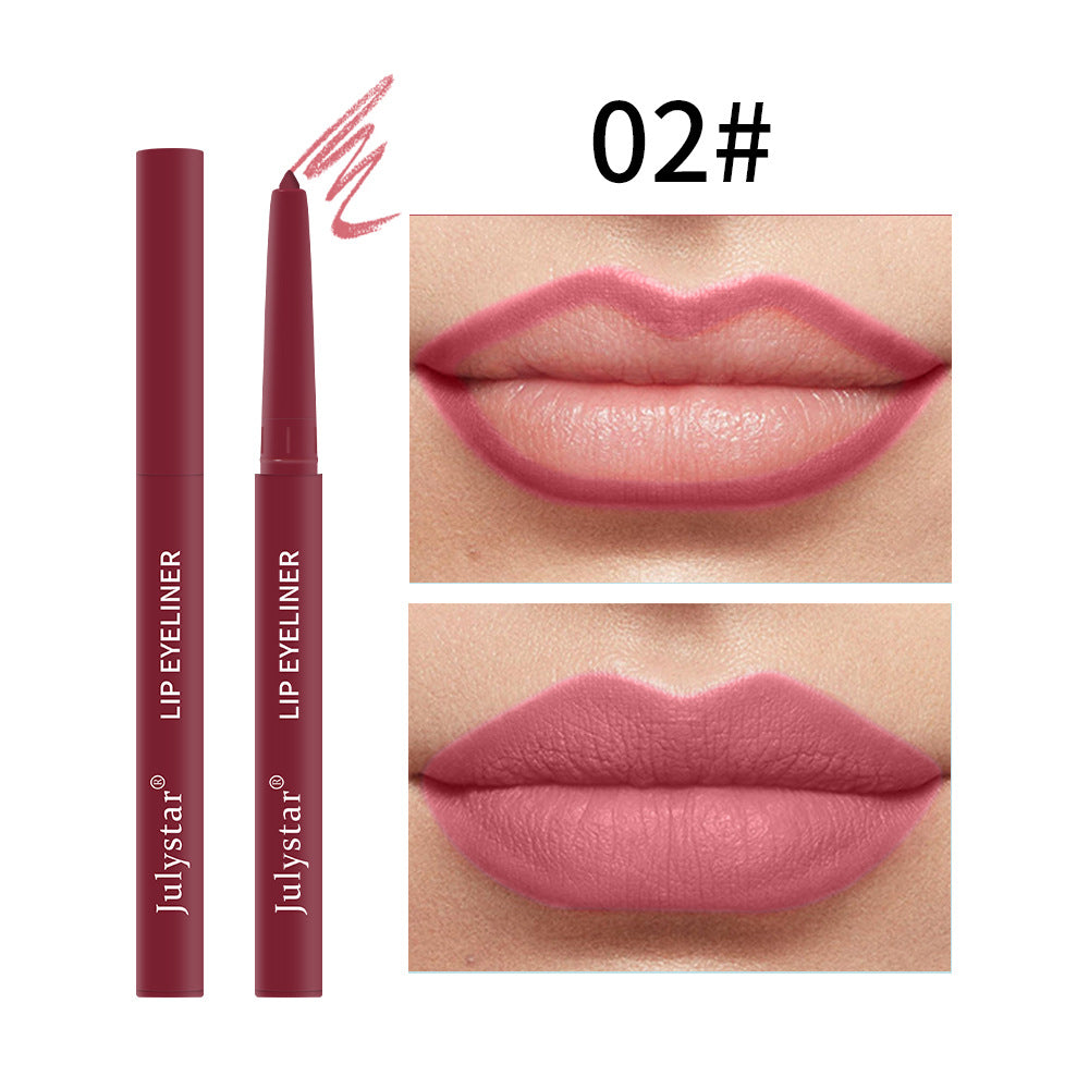 Waterproof Lipstick Lips matte pink lip liner pencil with fine tip and swatch showing precise lip contour and full lip color