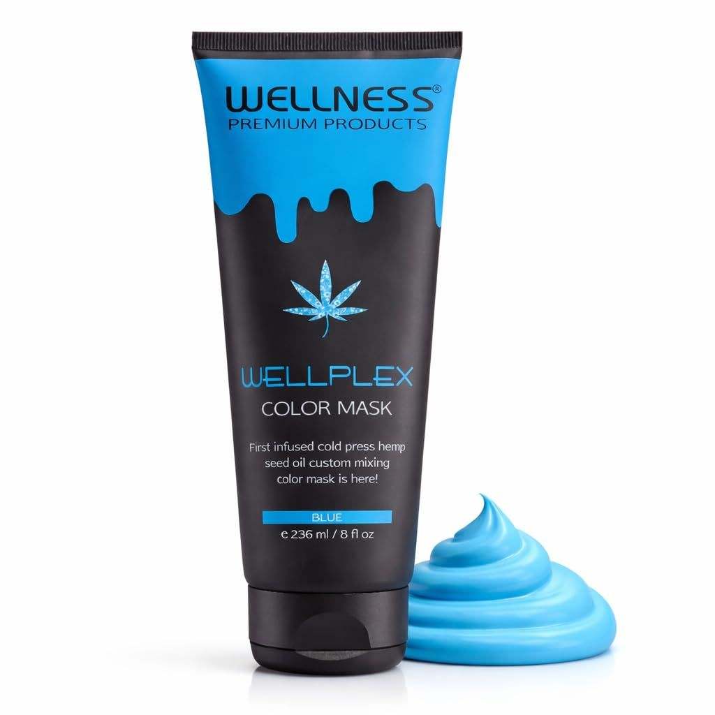 Wellplex Chemical Free vivid color mask in black tube with blue label featuring hemp leaf and blue cream swirled beside it