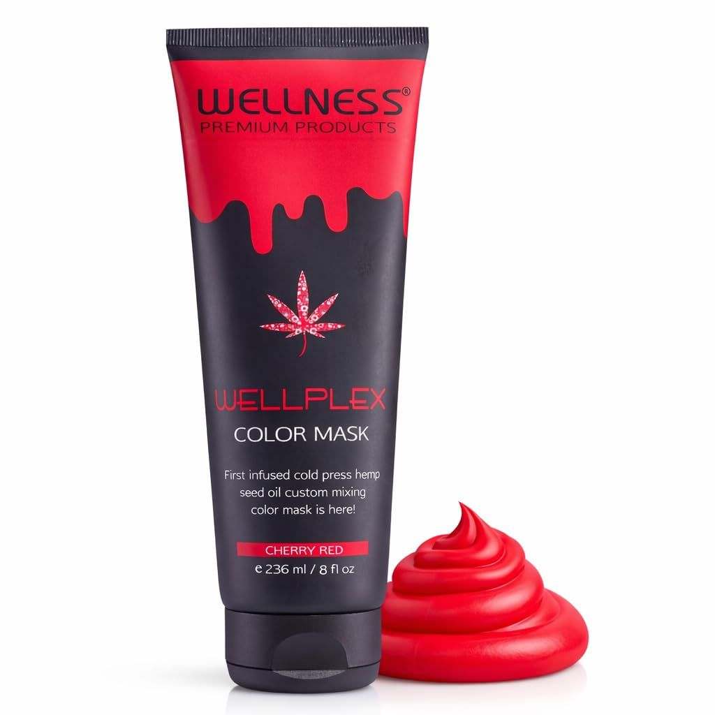 Wellplex Chemical Free vivid cherry red hair color mask tube with black and red packaging and smooth red cream beside it