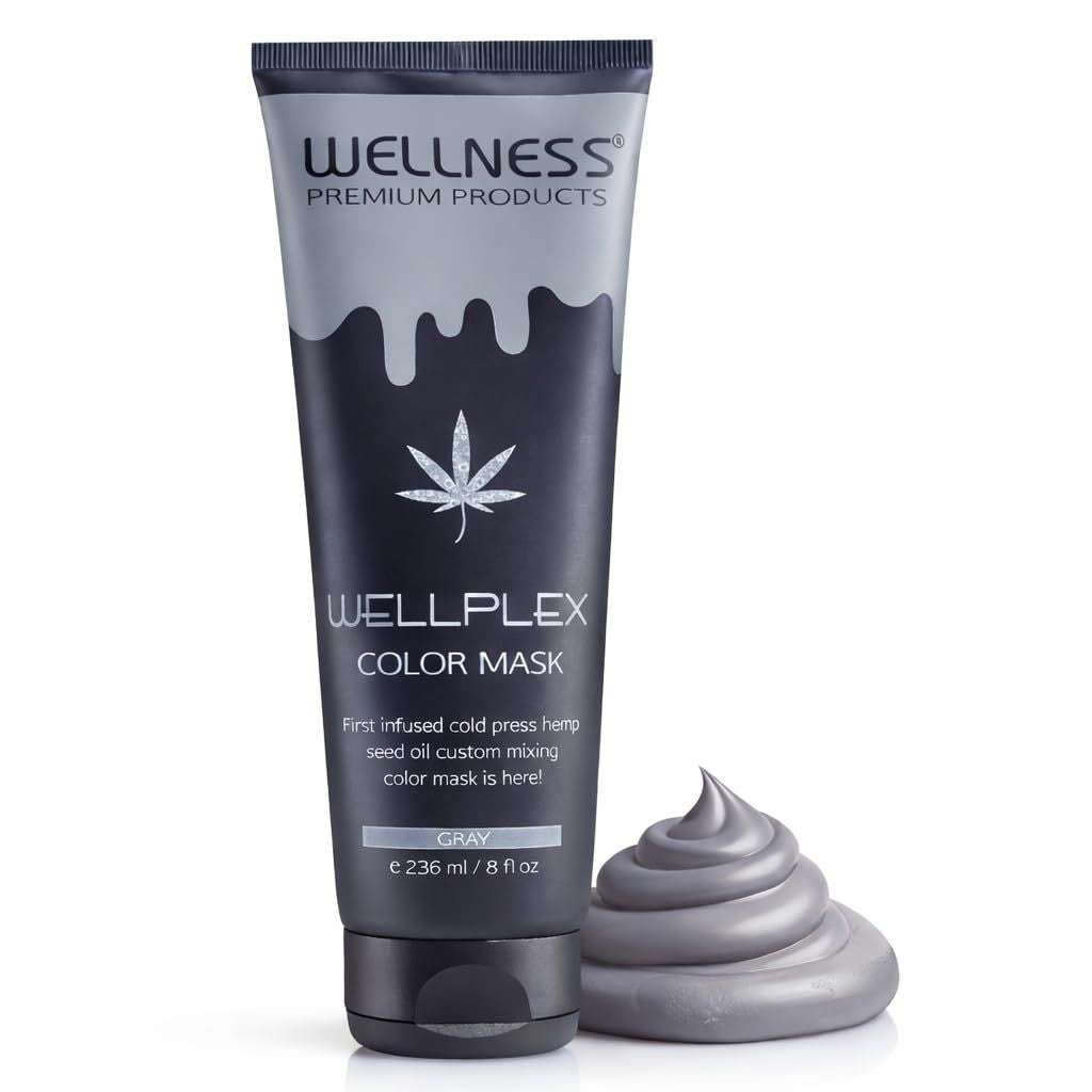 Wellplex Chemical Free gray color mask tube with hemp leaf graphic and gray cream swirl beside it on white background