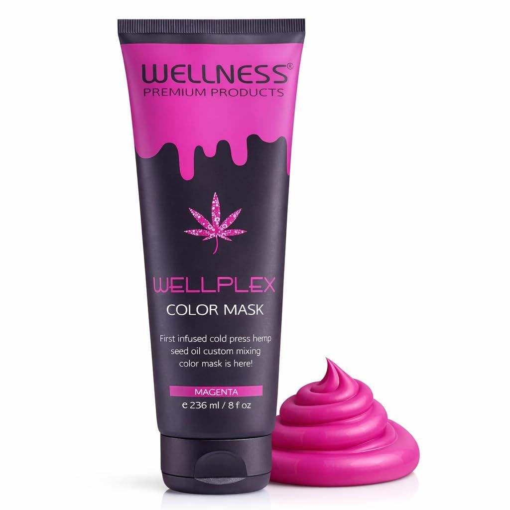Wellplex Chemical Free plant-based hair color mask in vibrant magenta with organic hemp seed oil and smooth creamy texture