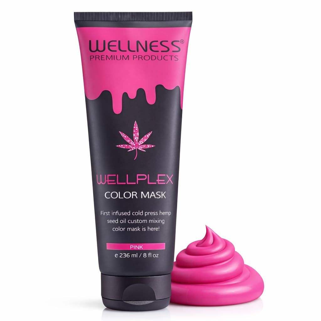 Pink tube of Wellplex Chemical Free color mask with black and bright pink design, accompanied by a dollop of vivid pink cream.