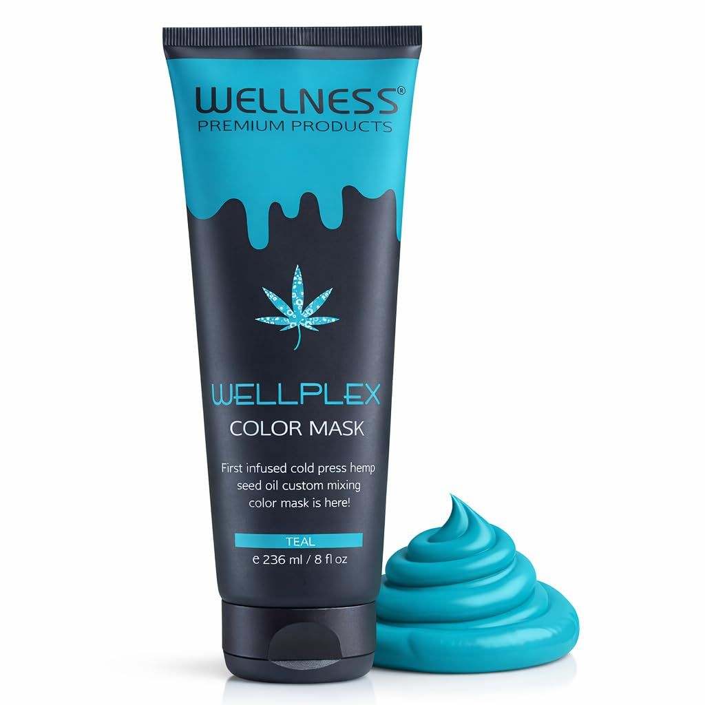 Wellplex Chemical Free teal color mask tube with plant-based hair color cream and a swirl of vibrant teal mask beside it