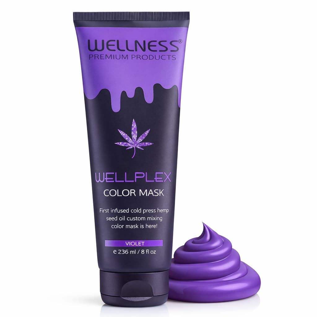 Wellplex Chemical Free violet hair color mask tube with purple plant-based cream and hemp leaf graphic