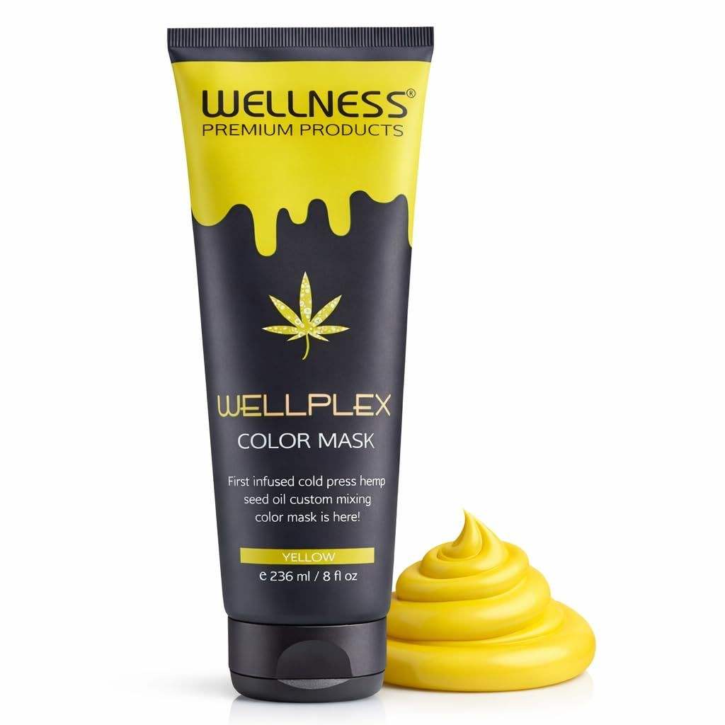 Wellplex Chemical Free yellow hair color mask tube with yellow cream swirl, plant-based with hemp seed oil