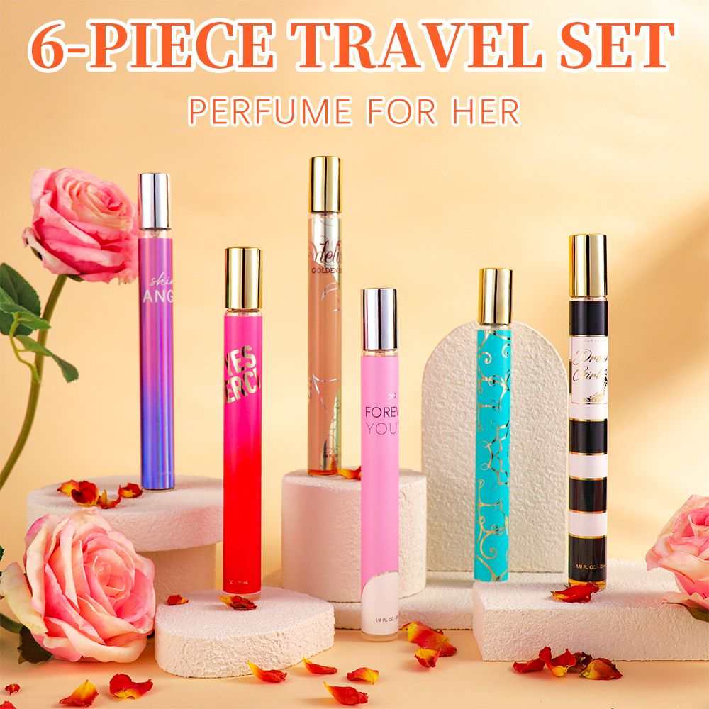 Women's Eau De Parfum 6-piece travel perfume set with colorful slim bottles featuring gold and silver caps on white pedestals