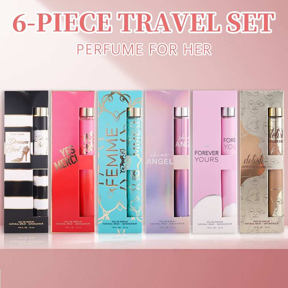 Women's Eau De Parfum 6-piece travel set featuring six colorful, elegant boxed fragrance bottles with unique designs
