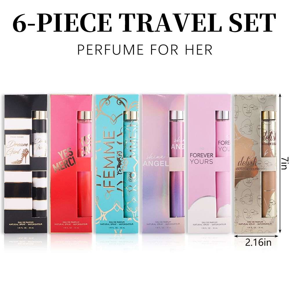 Women's Eau De Parfum 6-piece travel set with six colorful rectangular perfume boxes, each containing a 1.18 oz bottle