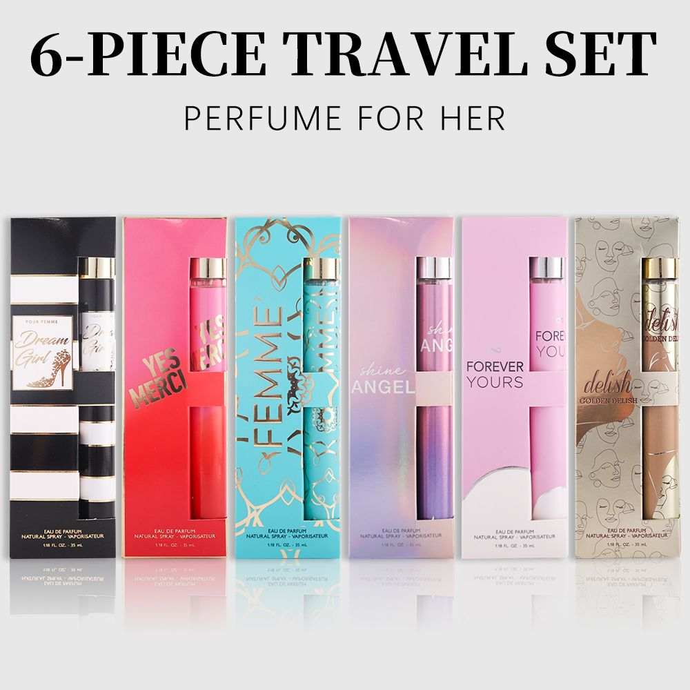 Women's Eau De Parfum 6-piece travel set with colorful, elegantly designed bottles featuring black, red, blue, purple, pink, and beige packaging