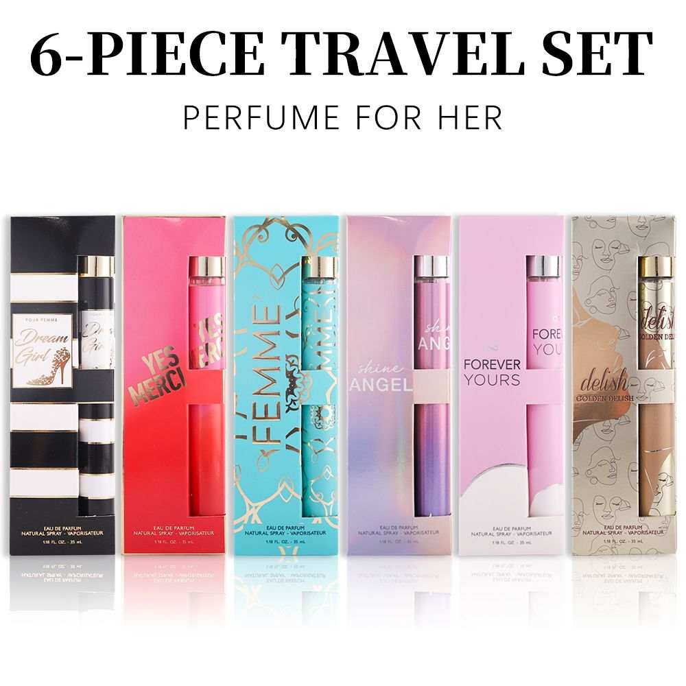 Women's Eau De Parfum travel set with six colorful, distinct bottles featuring elegant and stylish packaging designs.