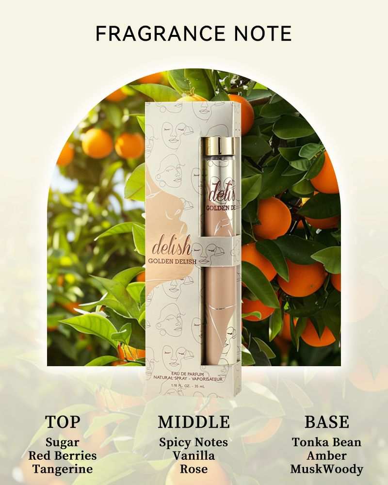Women's Eau De Parfum spray bottle in light beige and gold packaging showing fragrance notes with top, middle, and base scents