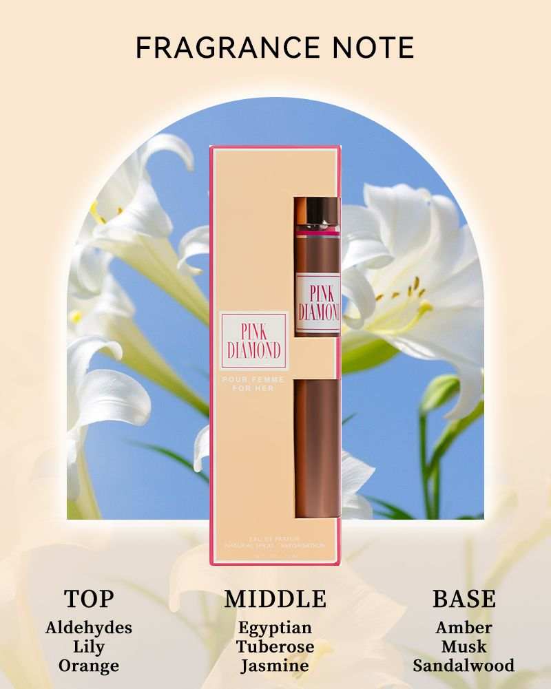 Women's Eau De Parfum Pink Diamond fragrance bottle in beige and pink packaging with top notes of aldehydes, lily, orange alongside floral background