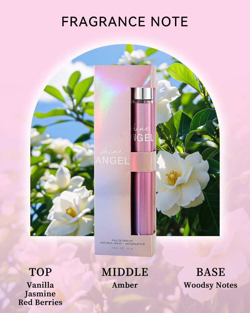 Women's Eau De Parfum in a sleek pink iridescent bottle with fragrance notes of vanilla, jasmine, amber, and woodsy base
