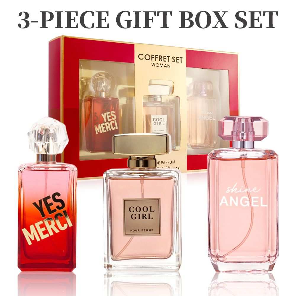 Women’s Fragrance Set featuring three Eau de Parfum sprays in red, clear, and pink glass bottles with distinct label designs.
