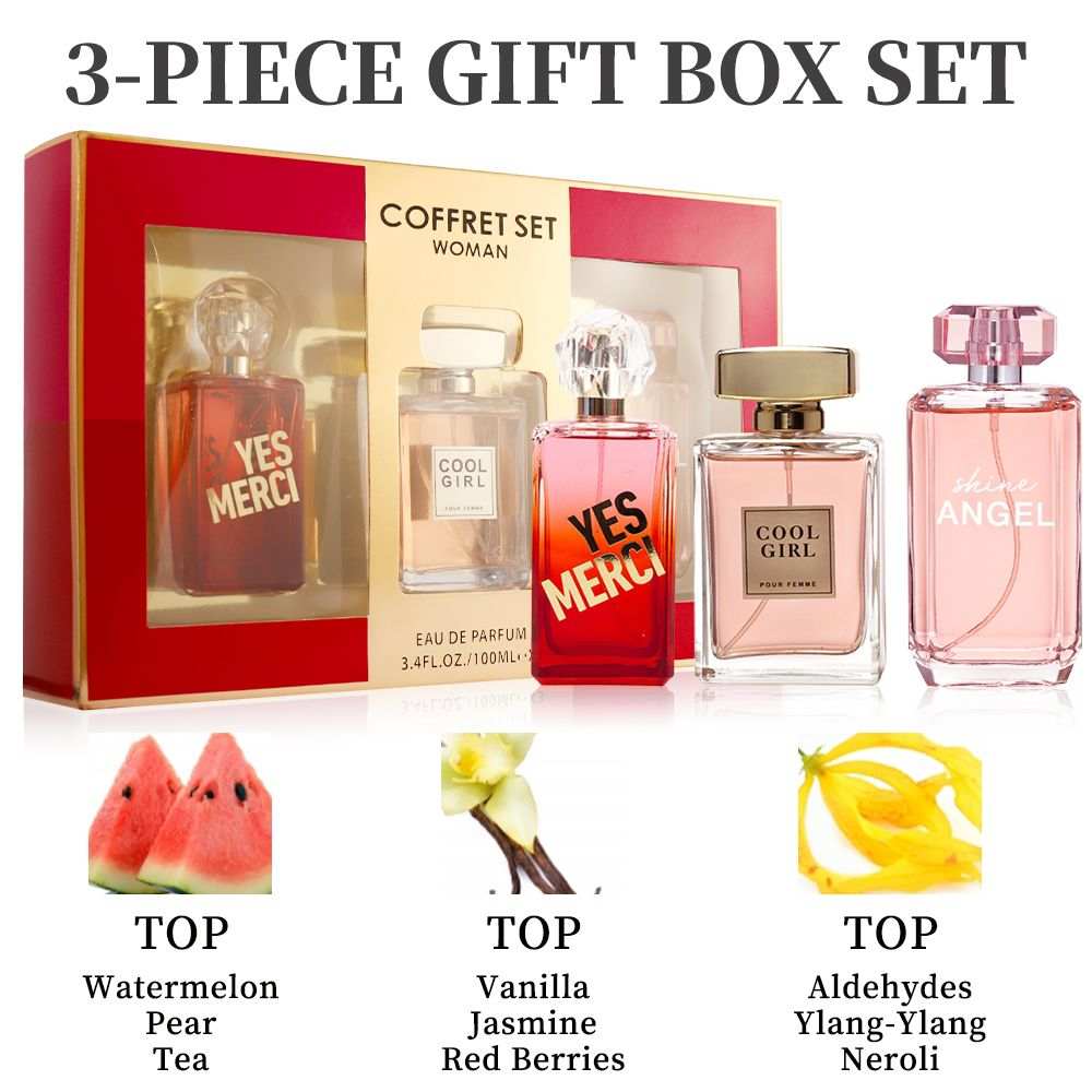 Women's Fragrance Set with three Eau de Parfum spray bottles in red, clear, and pink glass featuring watermelon, vanilla jasmine, and ylang-ylang scents