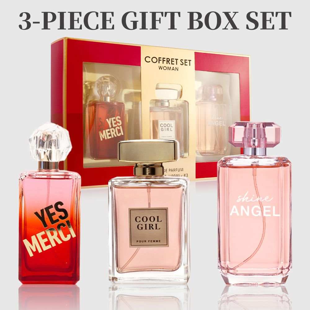 Women's Fragrance Set featuring three Eau de Parfum spray bottles in red, light pink, and soft pink with elegant caps in a gift box