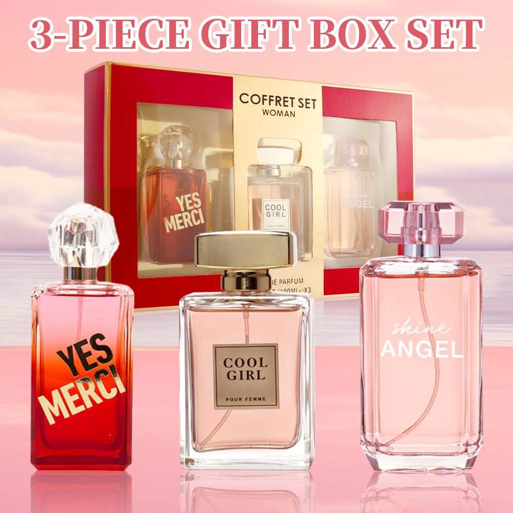 Women's Fragrance Set with three Eau de Parfum spray bottles in pink and orange hues featuring 'Yes Merci', 'Cool Girl', and 'Shine Angel' scents