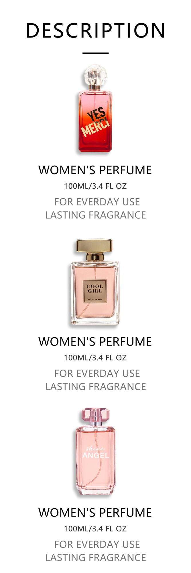 Women's Fragrance Set with three different 3.4 fl oz Eau de Parfum spray bottles in varied pink and peach hues with elegant designs