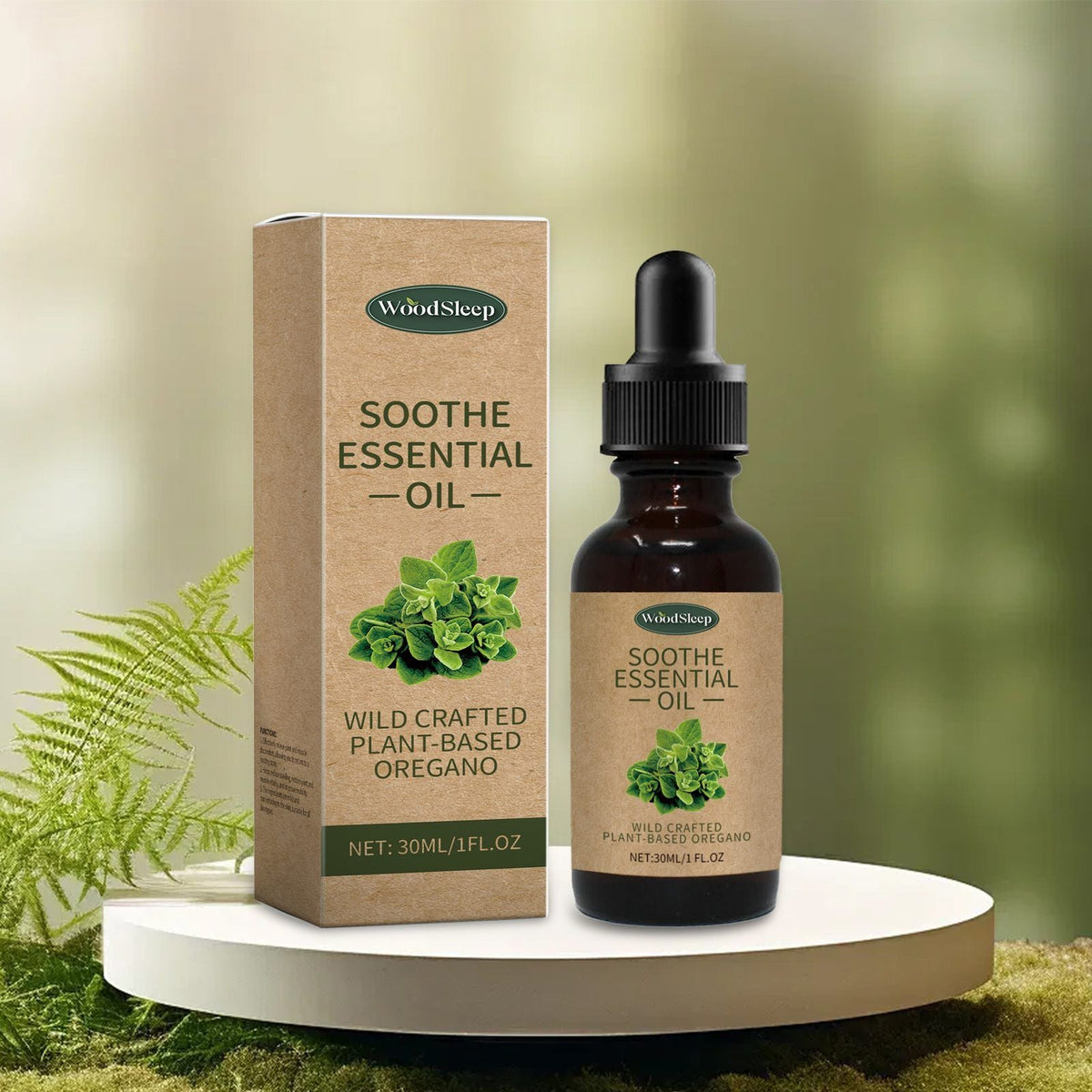 WOODSLEEP Nourishing Body Care Oil in a 30ml dark amber glass bottle with black dropper and brown packaging featuring oregano plant illustration