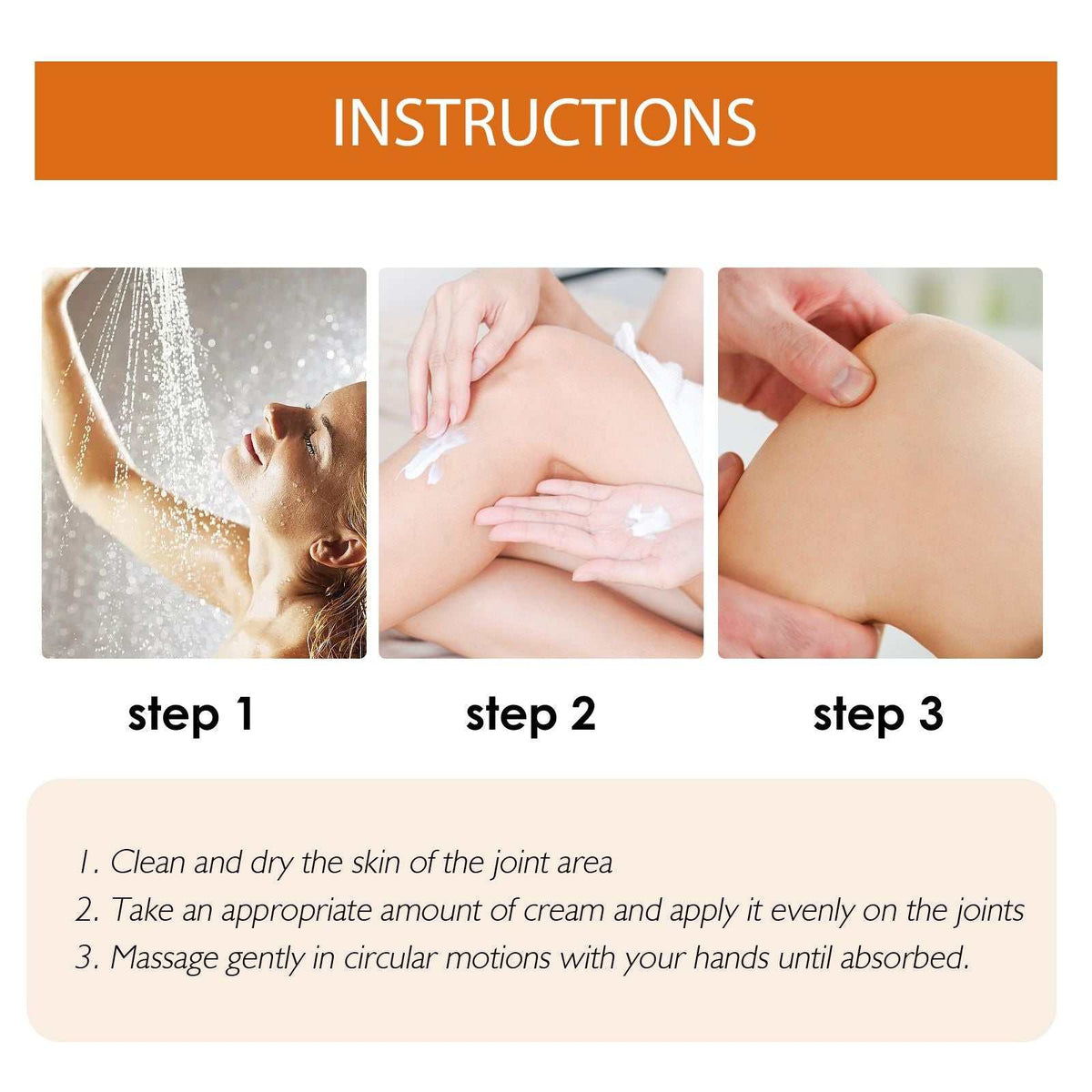 Instructional images showing a woman showering, applying Ximonth Joint And Bone Cream cream to her knee, and massaging it into the joint area with smooth circular motions