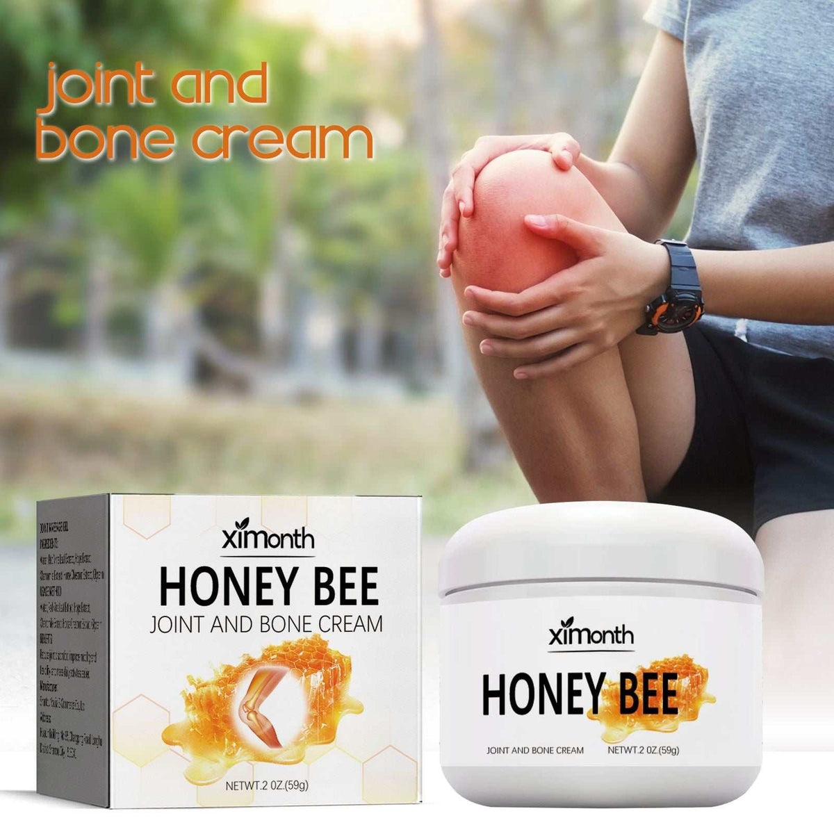 Ximonth Joint And Bone Cream in white jar and box packaging with honey bee graphic, held by person massaging knee